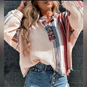 NWOT: POL Boho Mixed Media Autumn Trails Oversized Long Sleeve Top• Small